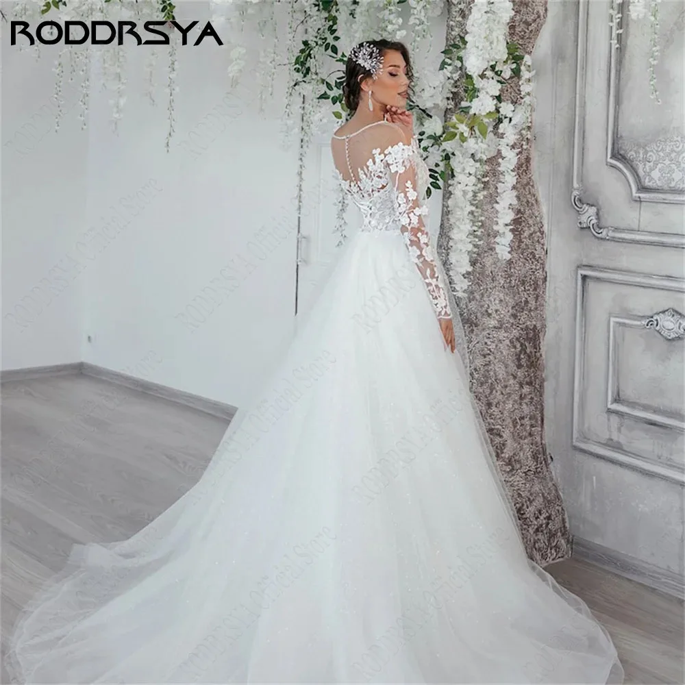 RODDRSY Civil Long Sleeves Lace Wedding Dress A-Line O-Neck Illusion Back Bride Gowns Custom Made Suknia ślubna z długim rękawem