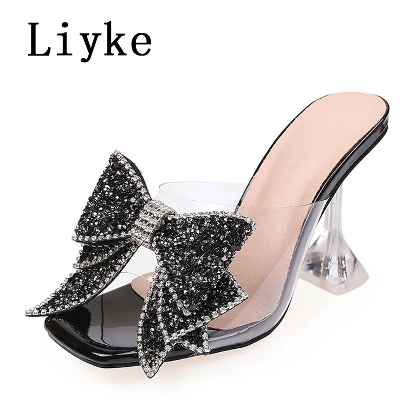 Liyke Fashion Crystal Sequined Bowknot kobiety pantofle sandały dziwny styl transparentne buty na obcasie z wystającym palcem PVC przezroczyste buty