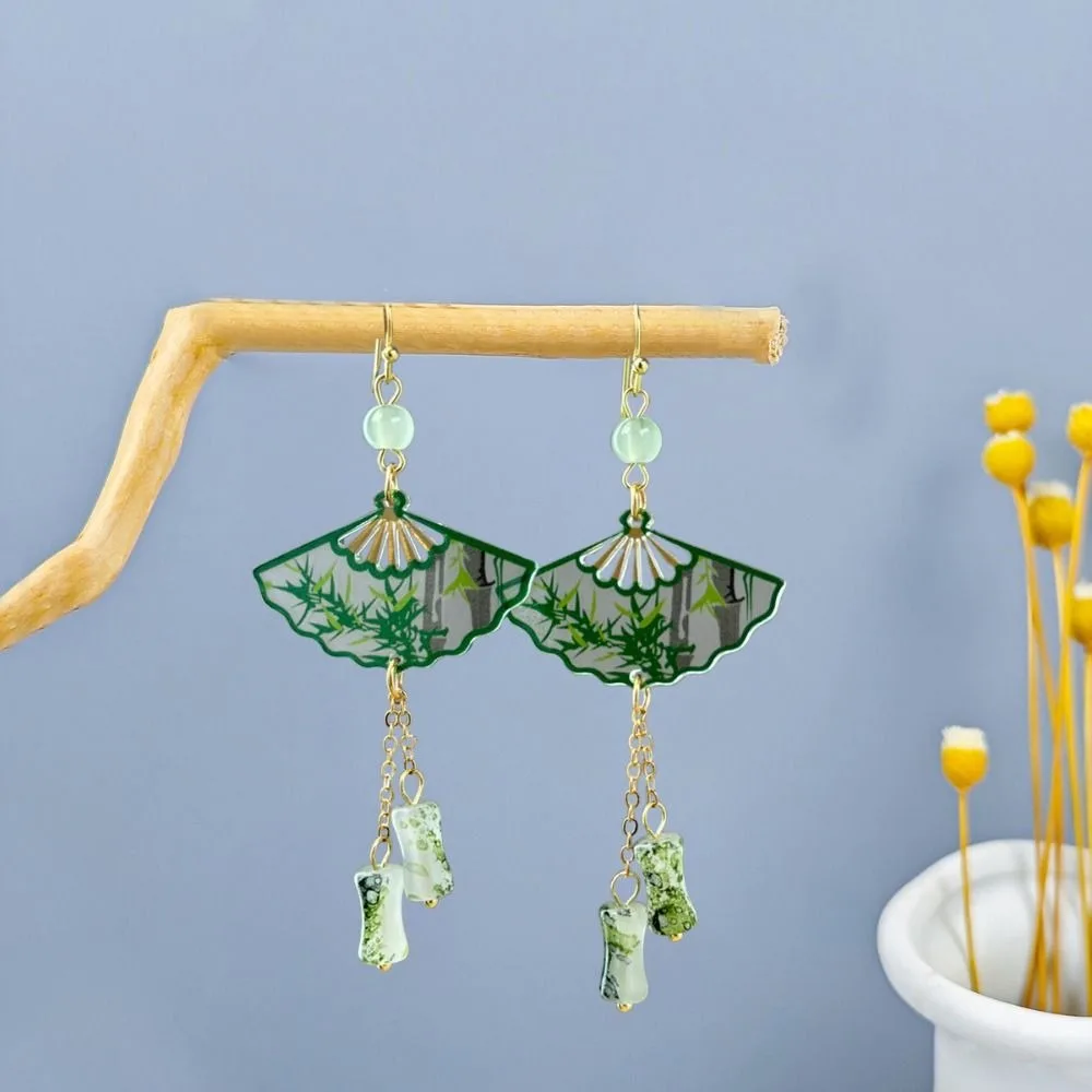 Leaf Fan Shaped Drop Earrings Hook Piercing Elegant Chinese Style Earrings Tassel Accessories Exaggerated Long Earrings Women