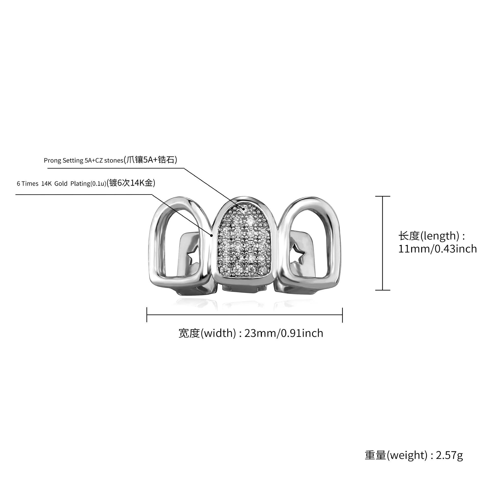 YOUNGX الهيب هوب ثلاثة قبعات الأسنان الزركون المجوفة للنساء الرجال مجوهرات الأسنان الشرير مختلط تشيكوسلوفاكيا حجر الأسنان Grillz الأقواس هالوين #6