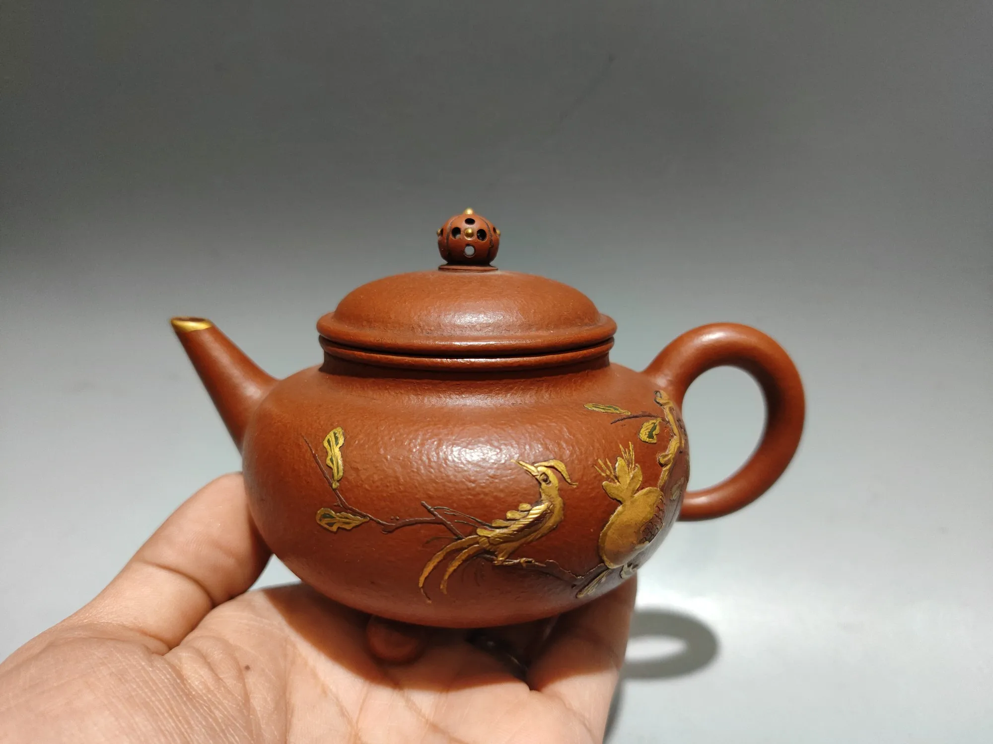 Purple teapot Yixing Purple Clay Teapot Outline in gold Painted Magpie and Plum Blossom Three legged pot Kettle Teapot