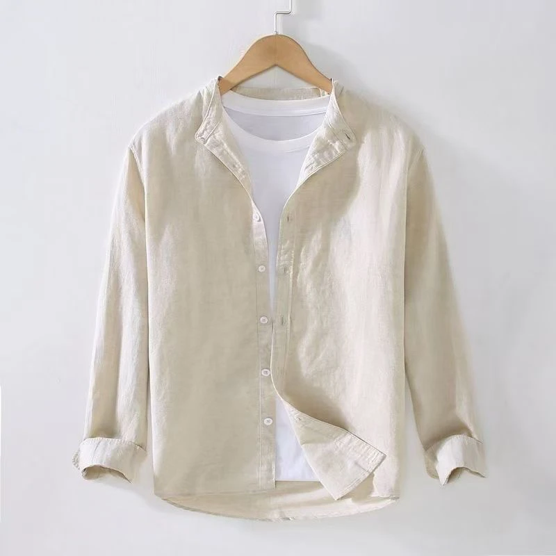 

New 2026 Men's Cotton Linen Shirt Casual Simple Long Sleeve Thin Top Stand Collar Color Versatile Sun Protection Outerwear