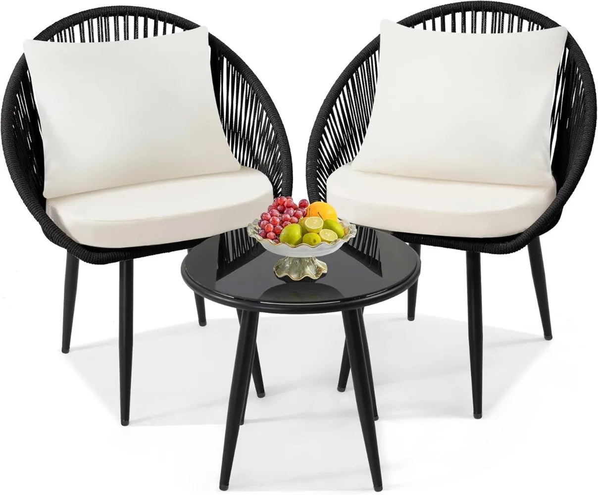 3 Pieces Bistro Set, All Weather Patio Conversation Set and Side Table, Ideal for Deck, Balcony, Poolside, Black