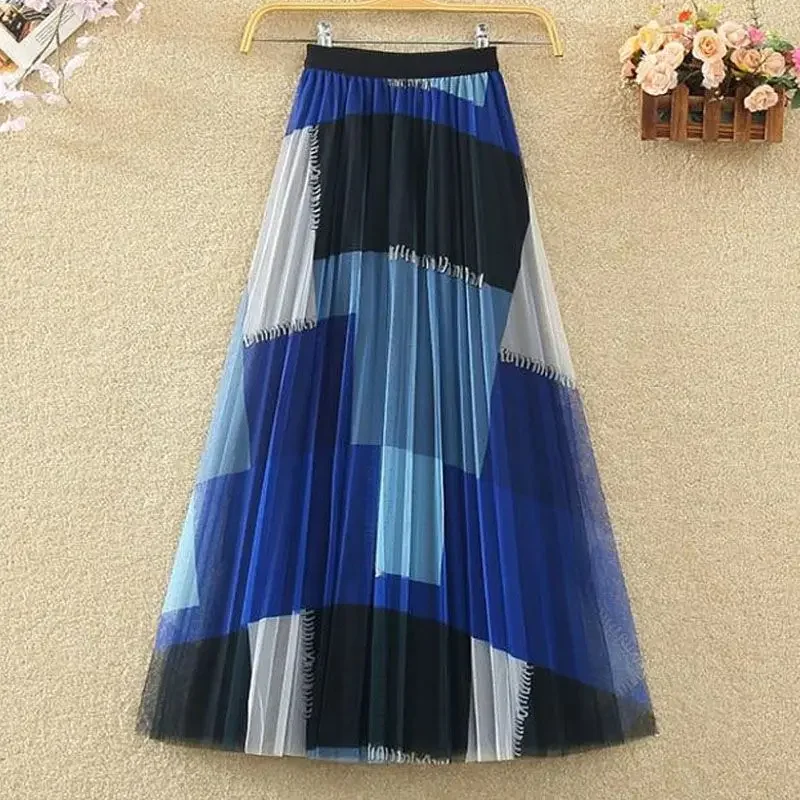 

New Spring and Summer Women's Splicing Contrast Color Loose High Waist Gauze Pleated Classic A-Line Fashion Casual Skirt A799