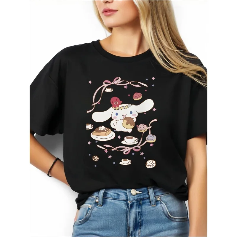 

Summer Original Cute Sanrio Cinnamoroll Cartoon Printed for Women, Plus Size Loose Casual Versatile Short Sleeved Y2K Top