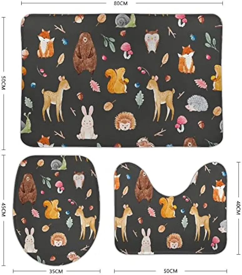 Toilet Lid Cover Non-Slip Contour Mat Bath Mat Watercolor Fox Elk Bear Squirrel Owl Leaves Forest Cute 3 Piece Bathroom