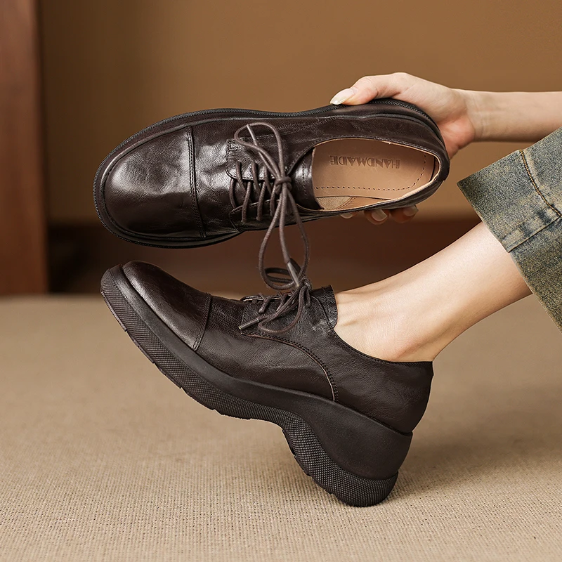 PYUXD Women Real Leather Oxford Shoes Vintage Round Toe Platform High Heel Lace Up Derby Brogues Chunky Thick Sole Casual Shoes