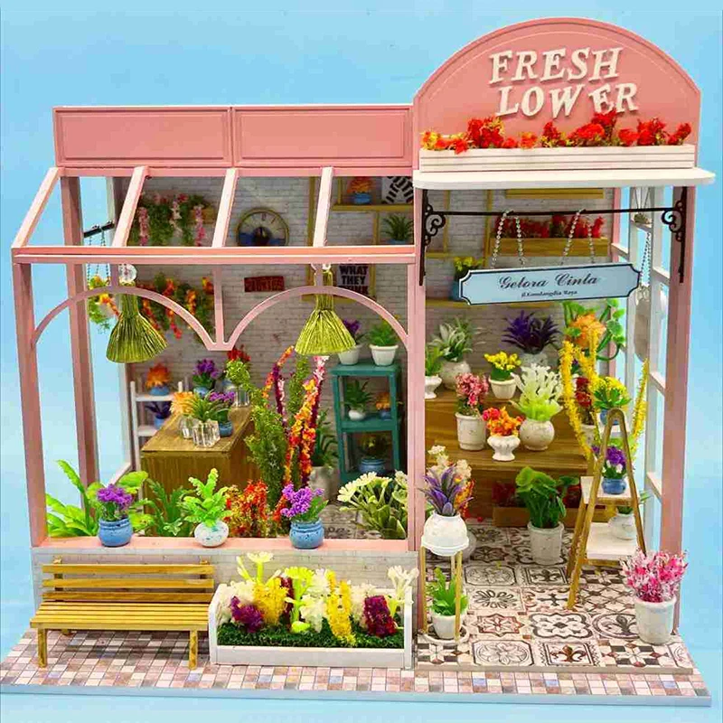 DIY Wooden Doll House Miniature With Furniture Kit Flower Shop Model Dollhouse Assembly Toys for Children Christmas Gift Casa