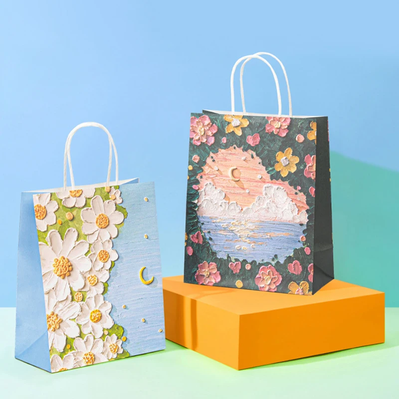 5pcs creative 3D oil painting gift bags oil painting portable gift bags holiday birthday gifts kraft paper gift bags student New