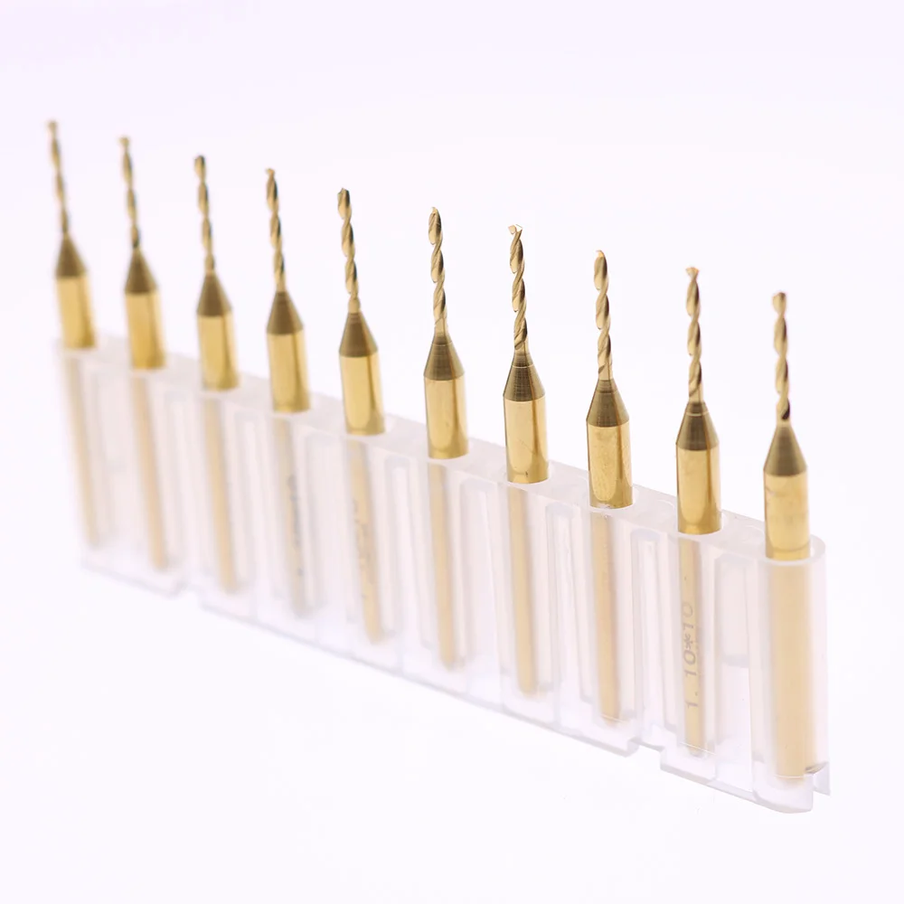 10pcs 0.3-2.0mm Titanium Nitride Print Circuit Board Drill Bits, Carbide Micro Drill Bits, CNC PCB Twist Drill