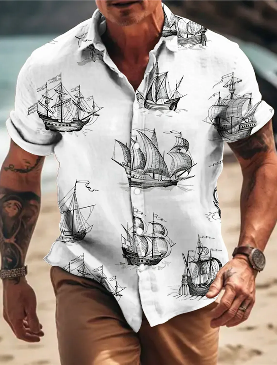 Camisa masculina manga curta âncora estampada, Bússola Vintage, Turndown veleiro, Vestuário de rua ao ar livre, Impressões gráficas, Vestuário da