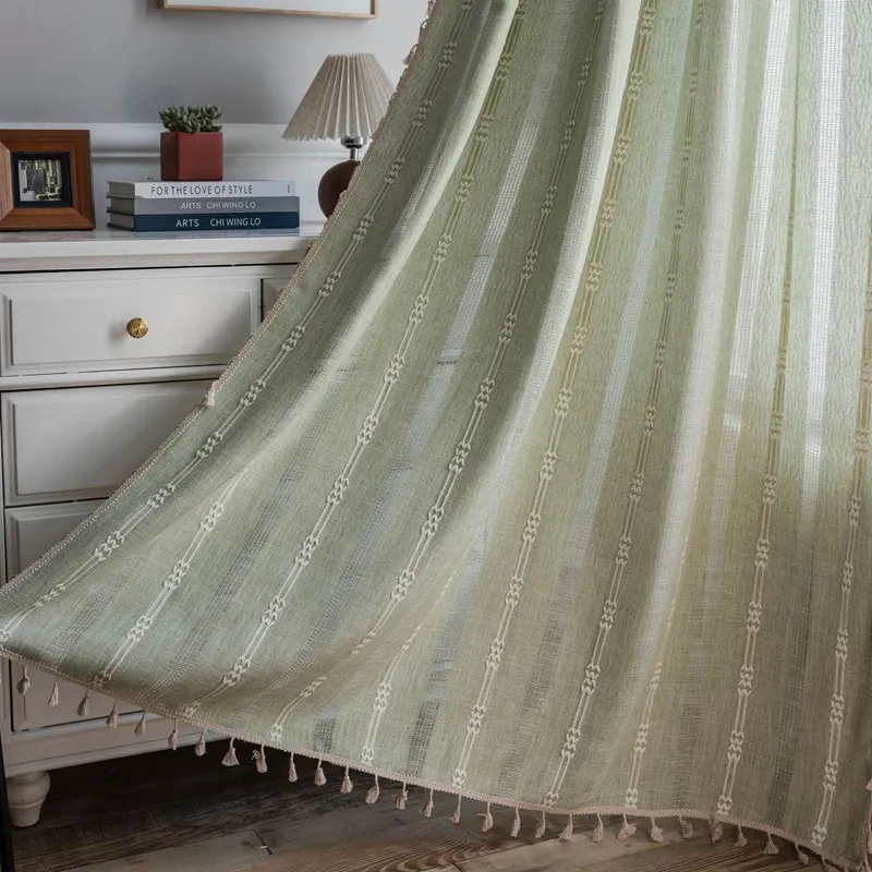 American Style Green Plain Striped Embroidered with Tassel Curtains Semi-shading Hollowed Out Kitchen Living Room Window Valance