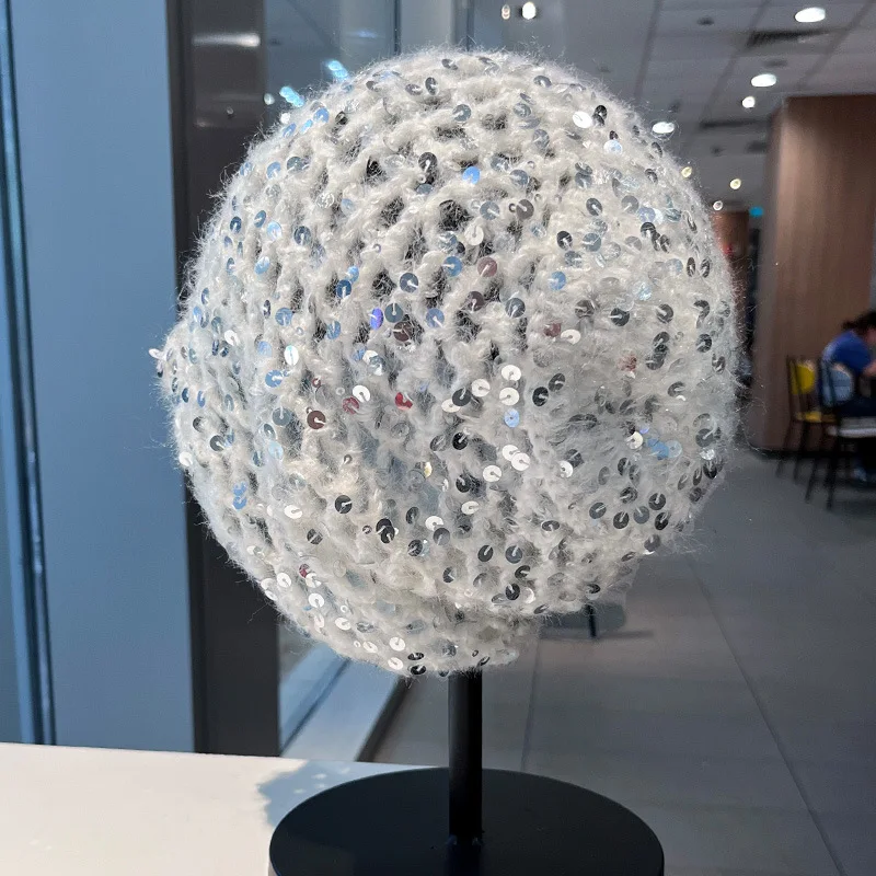 

Korean Ins Style Women's Autumn Winter Beanie - Knitted Sequin Hollow-Out Slouchy Hat Face-Slimming Breathable