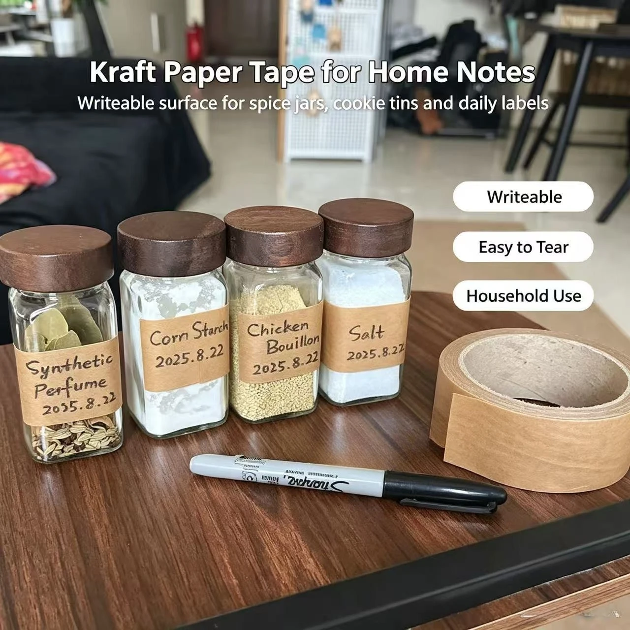 Kraft Paper Tape , Writeable, Brown Kraft Tape for Gift Wrapping, Journal Decor, Jar Labeling, Box Sealing & Household Use