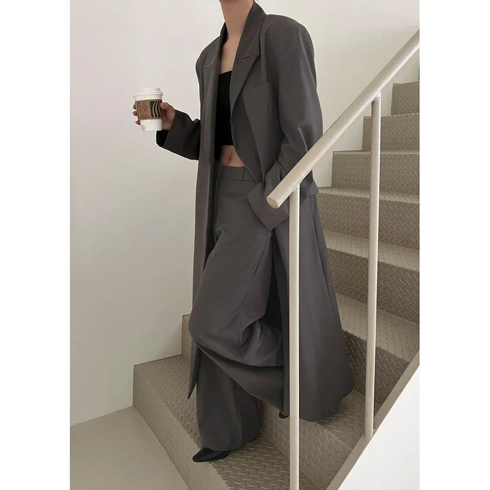 Grey Women Long Jacket Fashion Loose Single Buckle Female Daily Coat Formal Ankle Length Dress jaqueta feminina