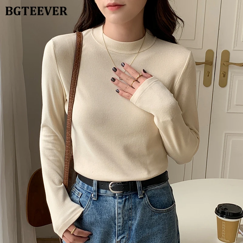 BGTEEVER Thick Half Collar Knitted T-Shirt Women Slim Fit Autumn Winter Bottoming Pullovers Shirt Female Warmer T-shirt