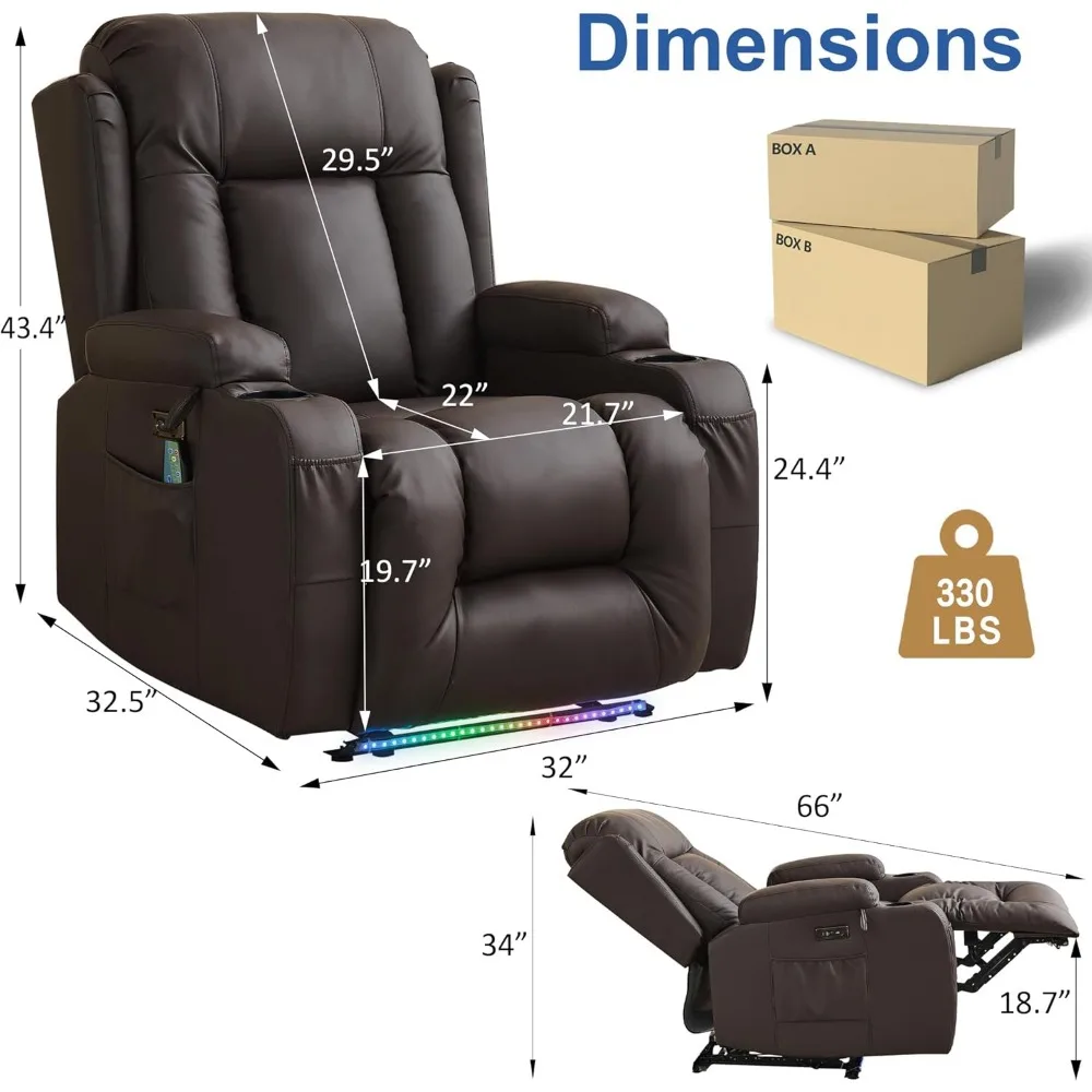 Recliner Chair with Massage and Heat Faux Leather Home Theater Seating with LED Ambient Light Electric Recliner Sofa