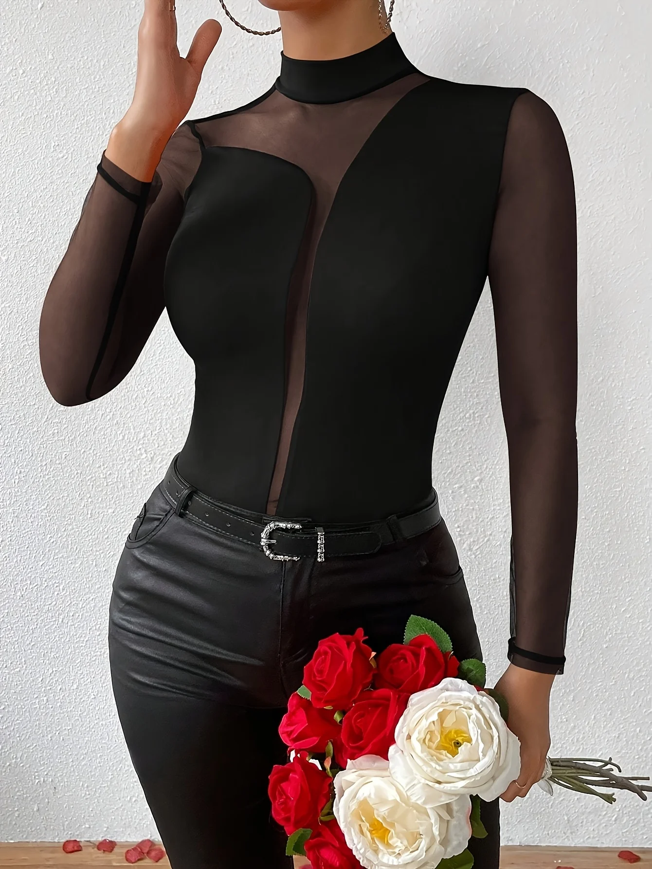 New Autumn Pure and Sexy Mesh See-through Top, Clever Spliced Mock Neck Long Sleeve Slim Fit, Can be Worn as an Inner or Outer