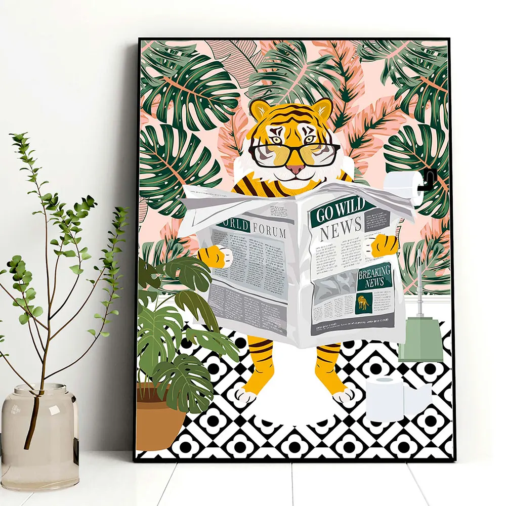 Animal Reading Newspaper In Toilet Wall Art Canvas Painting Tropical Jungle Animals Tiger Posters Prints Home Room Decor Gift