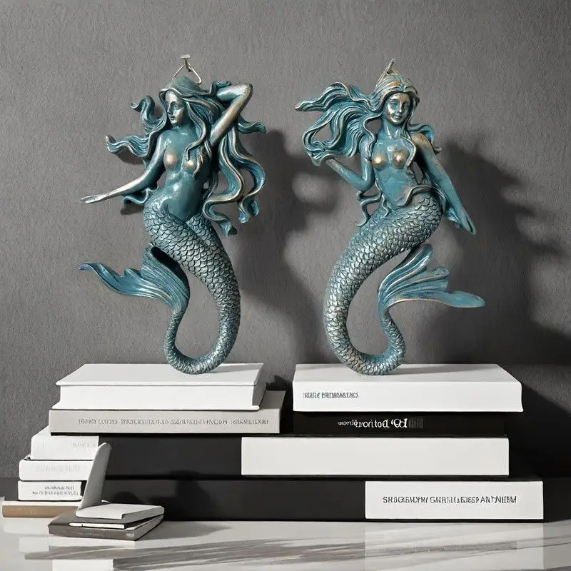 Retro Distressed Blue Mermaid Figurine Resin Mermaid Wall Art Decor Nautical Tabletop Statue for Bathroom Bedroom Seaside House