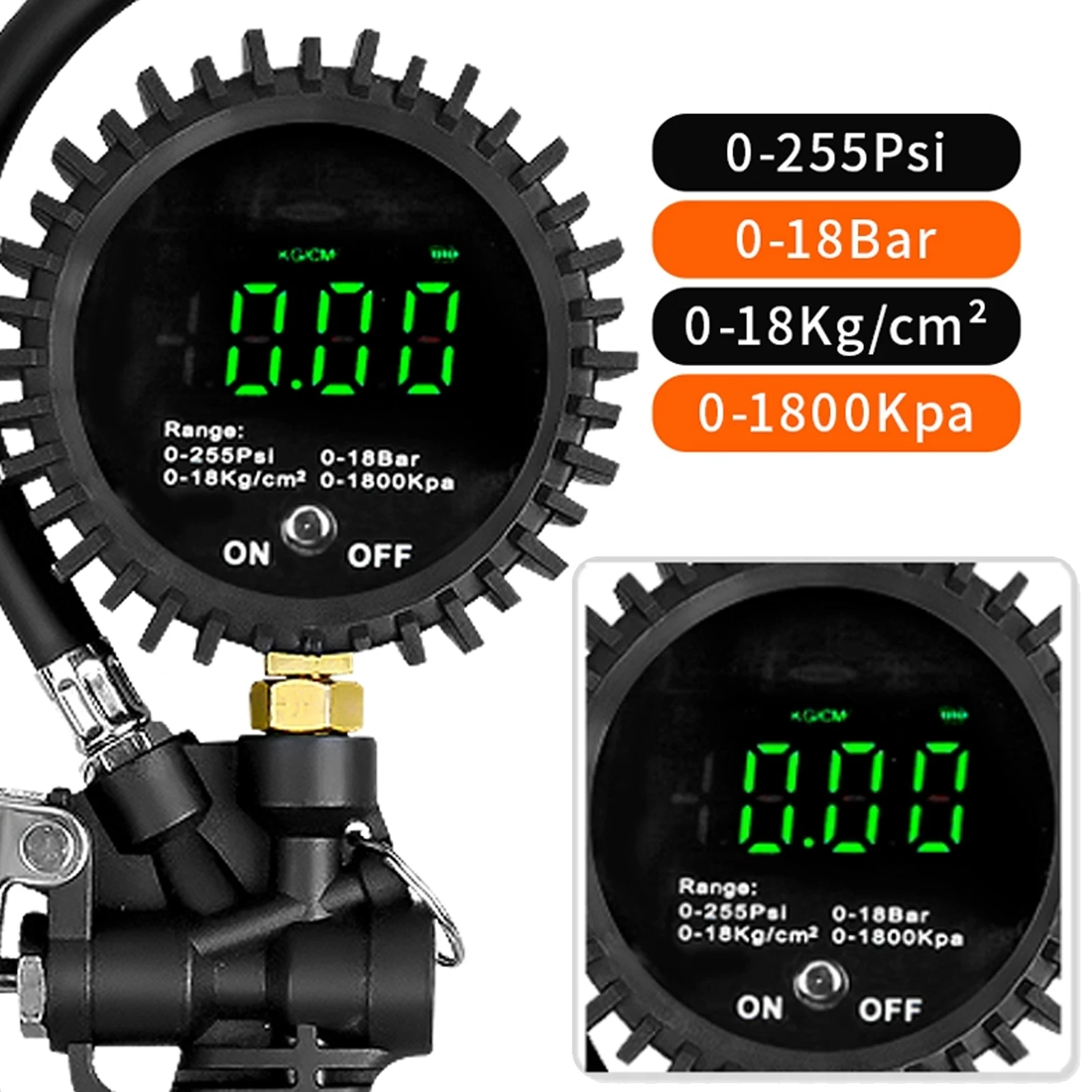 Integrated Digital Tire Pressure Gauge Inflator Gun, 0-255PSI 0-18Bar Car Air Pump with Deflate Function, 4 Units Measurement