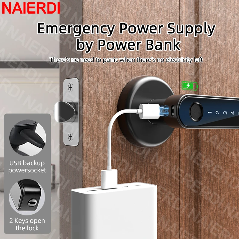 NAIERDI قفل الباب الذكي ببصمة الإصبع Tuya APP بلوتوث لوحة المفاتيح بطاقة دخول قفل الباب مع مقبض لغرفة نوم شقة المنزل