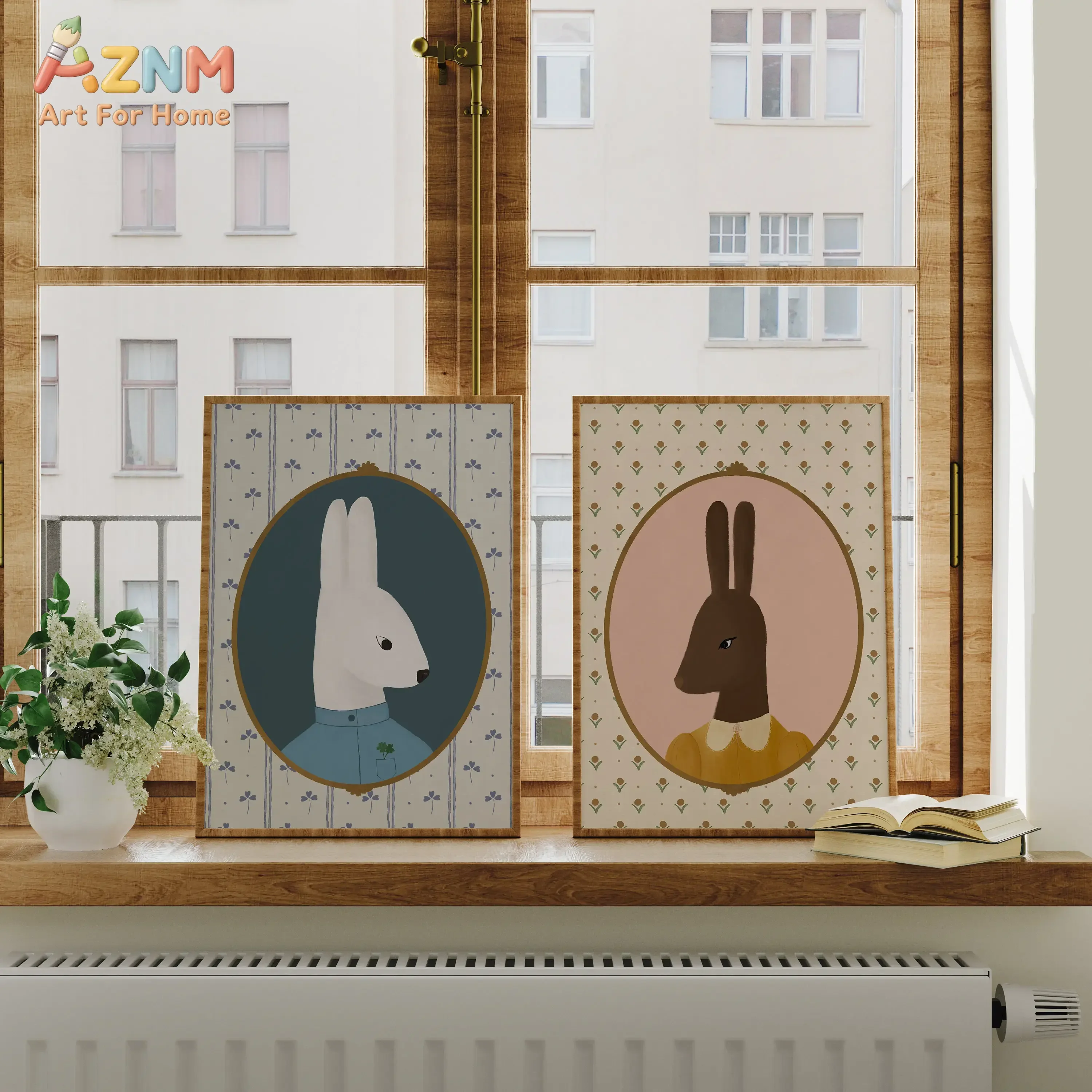 AZNM Cute Vintage Gentleman Rabbit Portrait Canvas Wall Art Retro Soft Color Animal Illustration Unframed Poster For Nursery Bed
