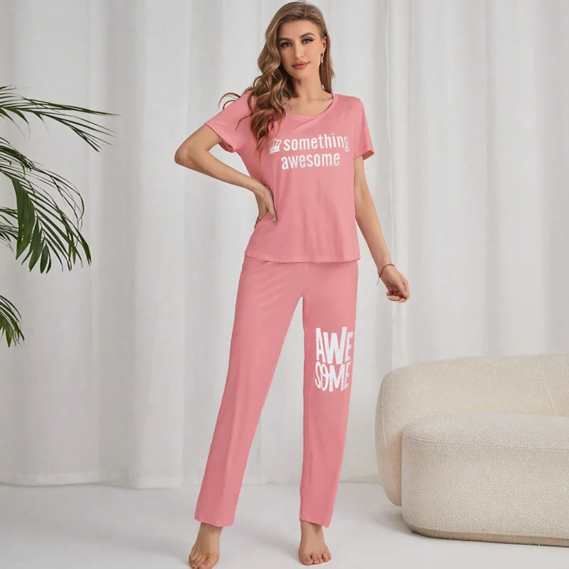 Women's Pajamas Stretchy Casual Comfortable Pink Printed Top and Pants Sleepwear Homewear Ladies Nightwear Europe and America 2