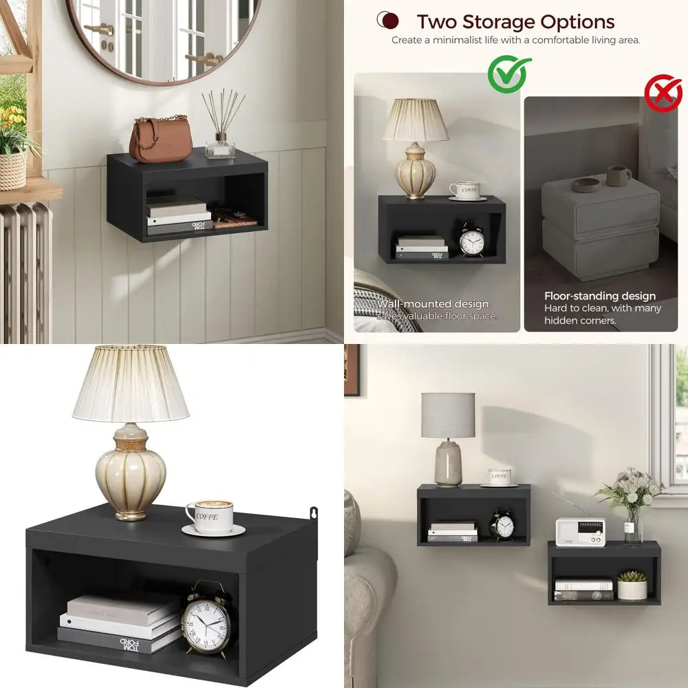 

Set of 2 Modern Wall-Mounted Nightstands, Floating Bedroom Side Tables with Open Cubby Shelves, Suitable for Living Room, Black