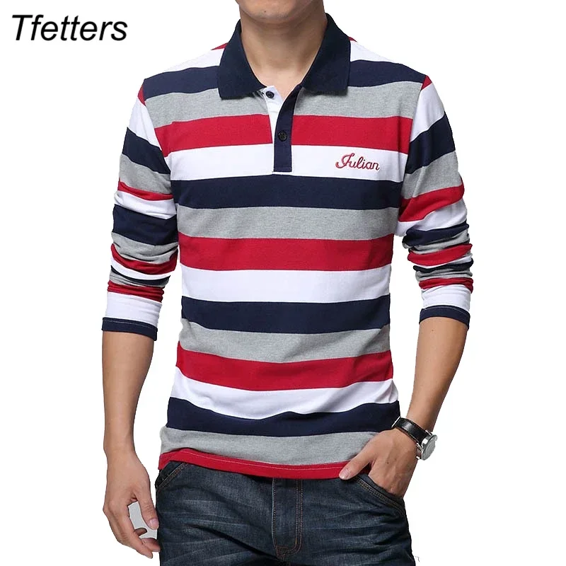 TFETTERS Autumn Men\'s T-shirt Stripe Pattern Letters Print Long Sleeved T-shirt Turn-down Collar Shirt T-shirt Big Size M - 5XL