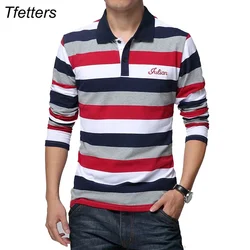 TFETTERS Autumn Men's T-shirt Stripe Pattern Letters Print Long Sleeved T-shirt Turn-down Collar Shirt T-shirt Big Size M - 5XL