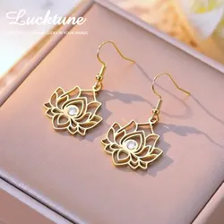 Lucktune Hollow Lotus Flower Rhinestone Drop Earrings for Women Stainless Steel Yoga Flower Dangle Earring Buddhism Jewelry Gift