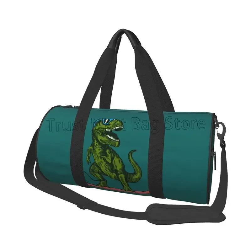 Skateboard Dinosaur Print Round Travel Duffel Bag Waterproof Sports Tote Gym Bag Foldable Luggage Bags Weekender Overnight Bags