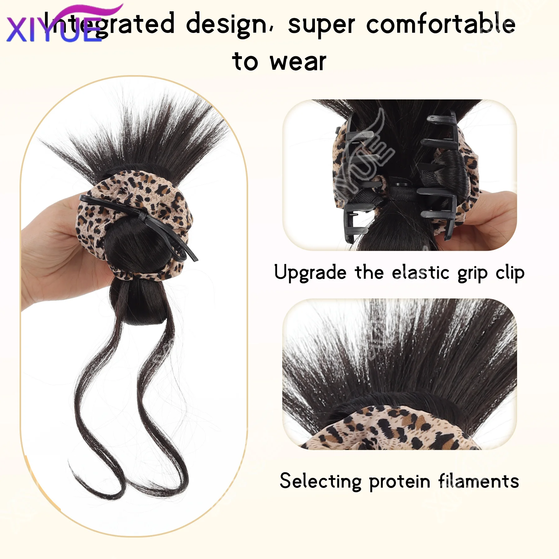 Xiyue coque de cabelo sintético, clipe de garra, estampa de leopardo com laço de cabelo, peruca, laço, estampa de leopardo, pena de frango, bigode de dragão