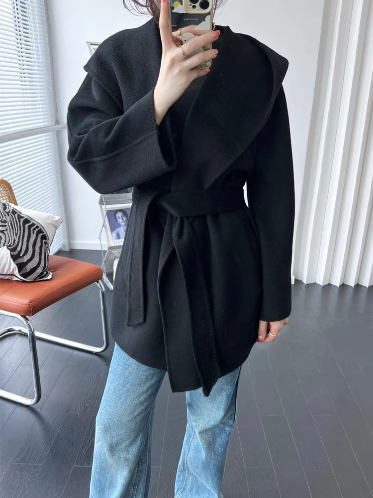 여성용 짧은 후드 100% 캐시미어 코트, 느슨한 물결 양면 모직 코트, 따뜻한 레이스업 핏, 가을 겨울 패션, 신상 