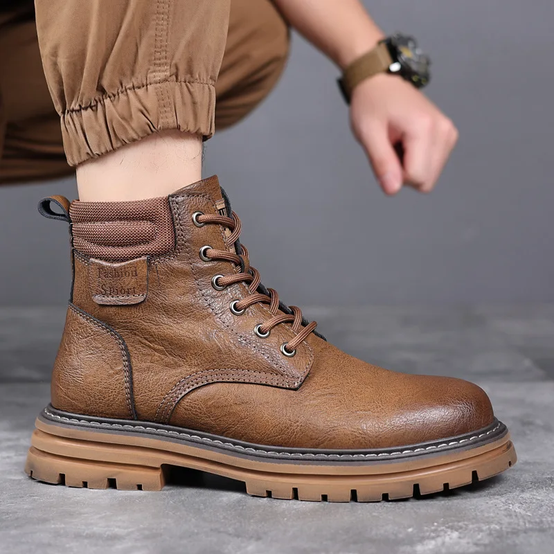 

British style men's fashion outdoors desert boots lace-up genuine leather shoes cowboy tooling work boot platform ankle botas