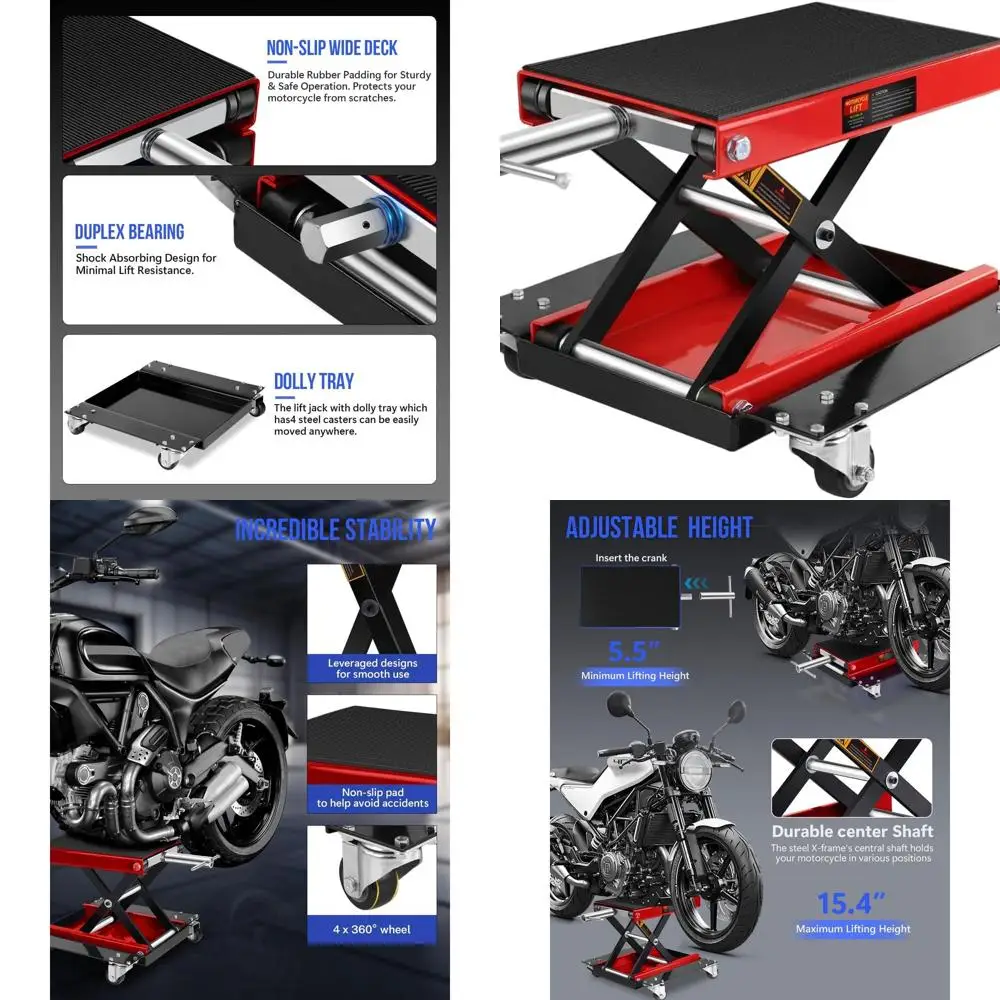 

Мощный стальной подъемник-ножницы для мотоциклов с широкой платформой, ручным приводом и колесами-роликами для мотоциклов, квадроциклов, UTV — грузоподъемность 500 кг