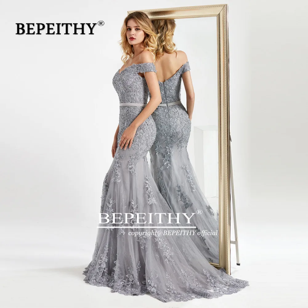 BEPEITHY Customized Mermaid Off Shoulder Long Evening Dresses For Women Lace Luxury Dubai Prom Dress With Short Train Party Gown