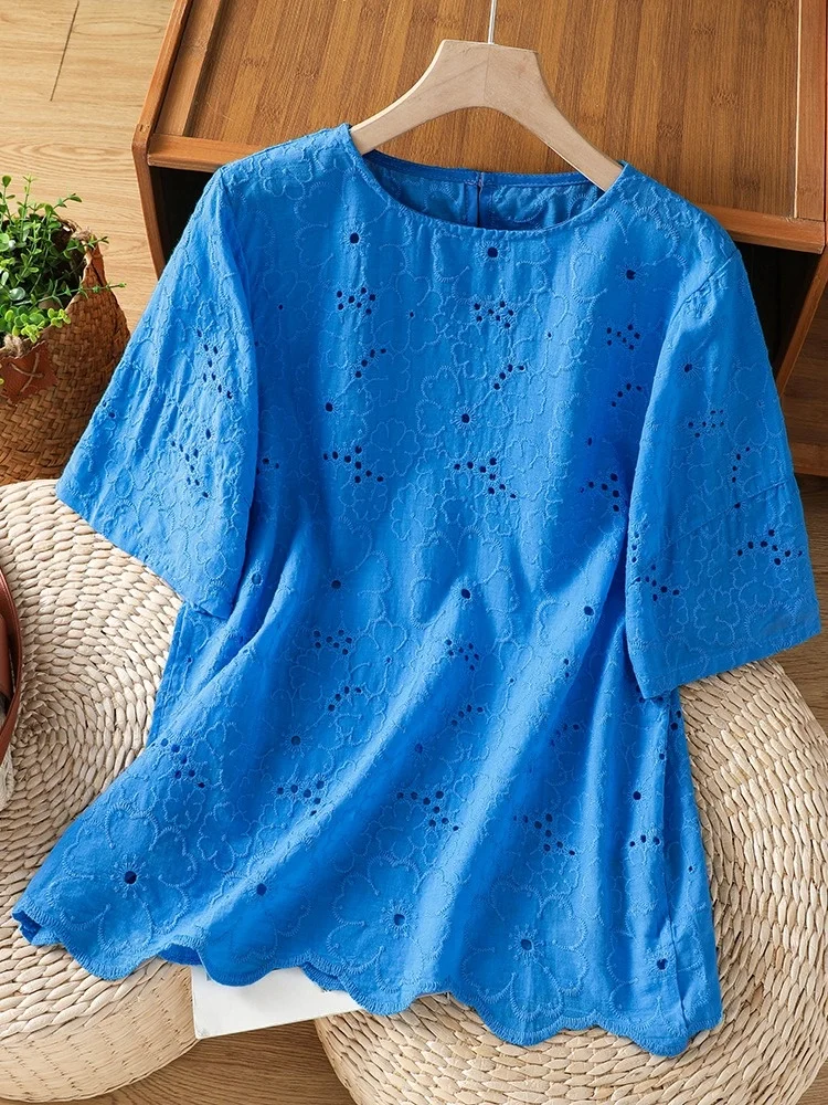

Klein Blue Embroidered Linen Cotton Blend Hollow out Casual Slimming Women's Shirt Short Sleeve round Neck Top for Summer
