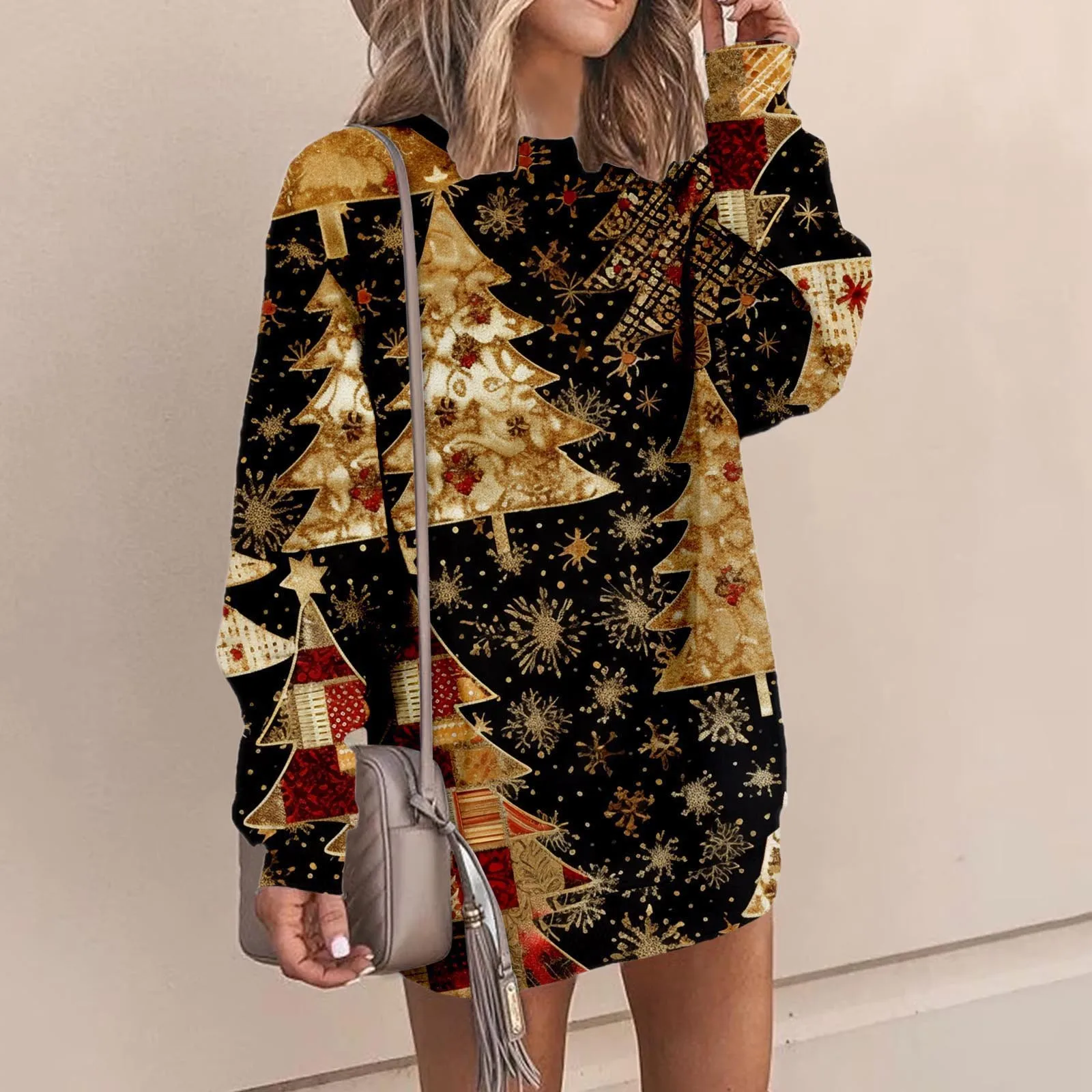 Women Christmas Round Neck Sweatshirt Dress Crewneck Pullover Long Sleeve Mini Sweater Dresses Plus Size Party Vestidos