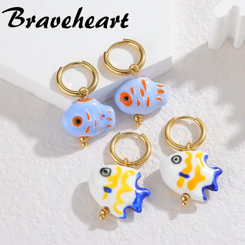 

Cute Hand Painted Ceramic Fish Charms Earrings Gold Plated Stainless Steel Ear Clip Accessories Jewelry For Women Girl Gifts