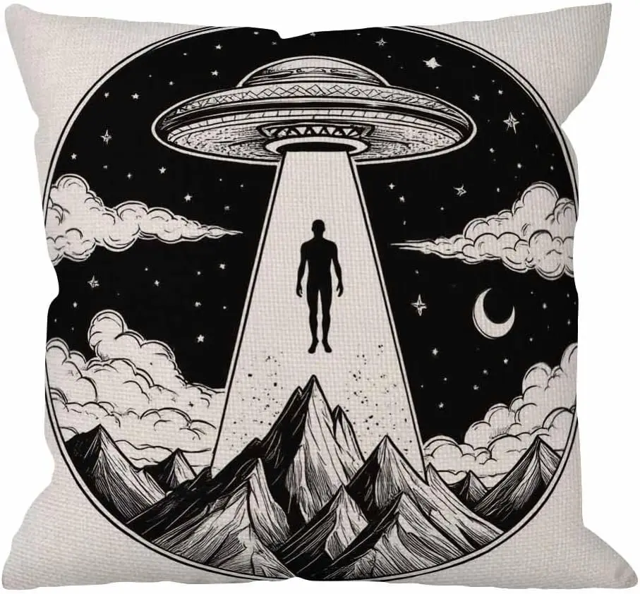 Alien Spaceship UFO Abduction Double Sided Throw Pillow Cover Flying Saucer Moon Mountain Decorative Case for Couch and Sofa