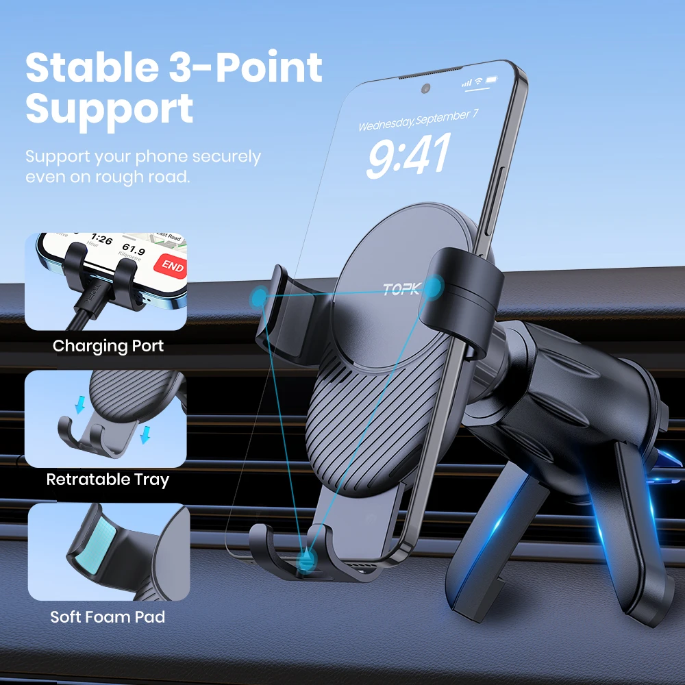 TOPK Metallhaken Schwerkraft-Autotelefonhalterung Lüftungsclip Auto-Lock-Halterung für iPhone 15 14 Samsung Xiaomi Auto-GPS-Halterung – Detail 26