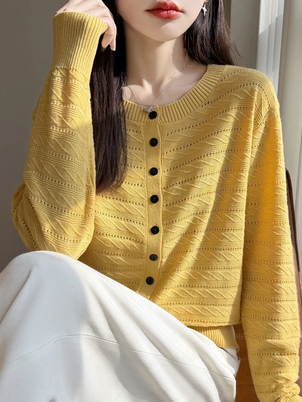 

mat Long Sve Knitted Open Cardigan Women's Thin Outerwear Sun Protection Top Sweet Hollow Button Small irt