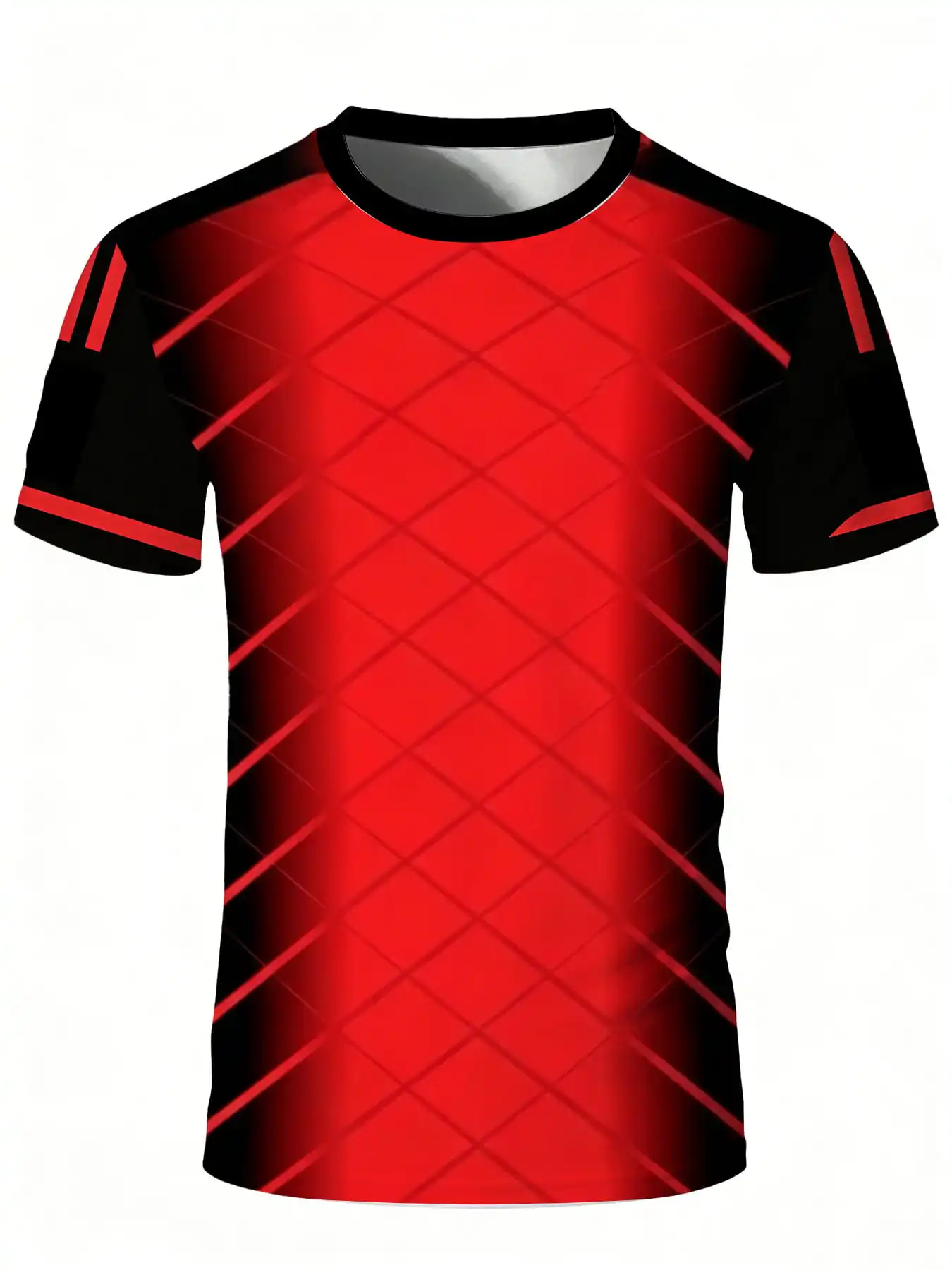 Men Quick Dry Compression Tee Red Black Grid Raglan Gym Fitness Short Sleeve Top