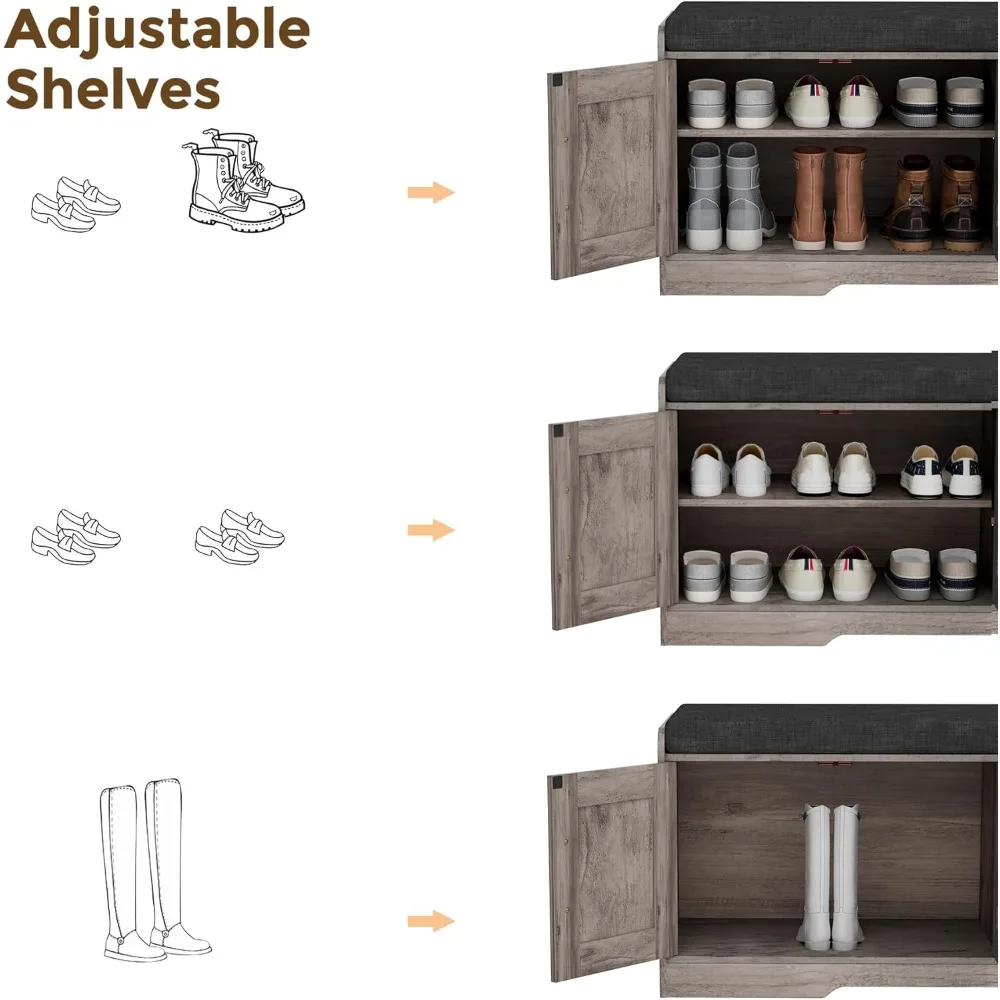 مقعد أحذية للتخزين بطبقة مزدوجة مع وسادة مقعد مبطنة، وخزانة مدخل تتميز بـ 4 أبواب وأرفف قابلة للتعديل، مقاس 13.8 بوصة