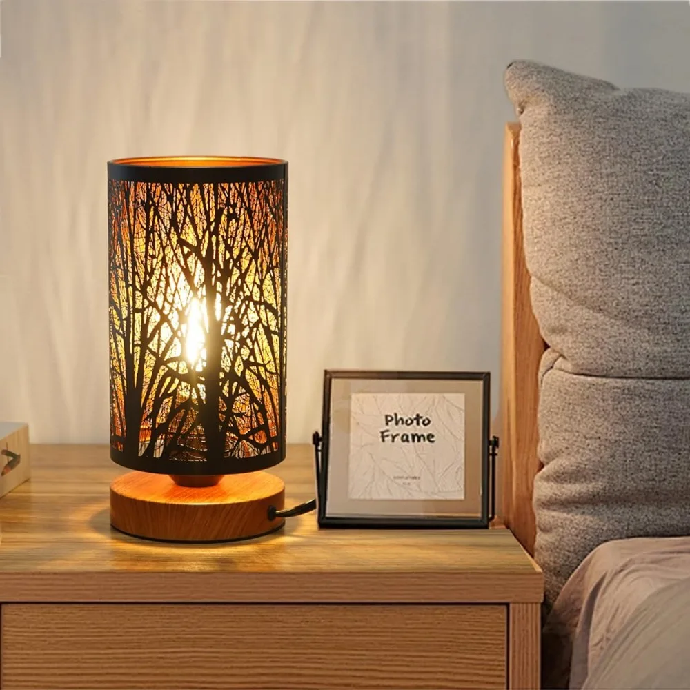 

small industrial table lamps dimmable, bedside lamps for nightstand,end table side desk lamp with rustic black metal cage lampsh