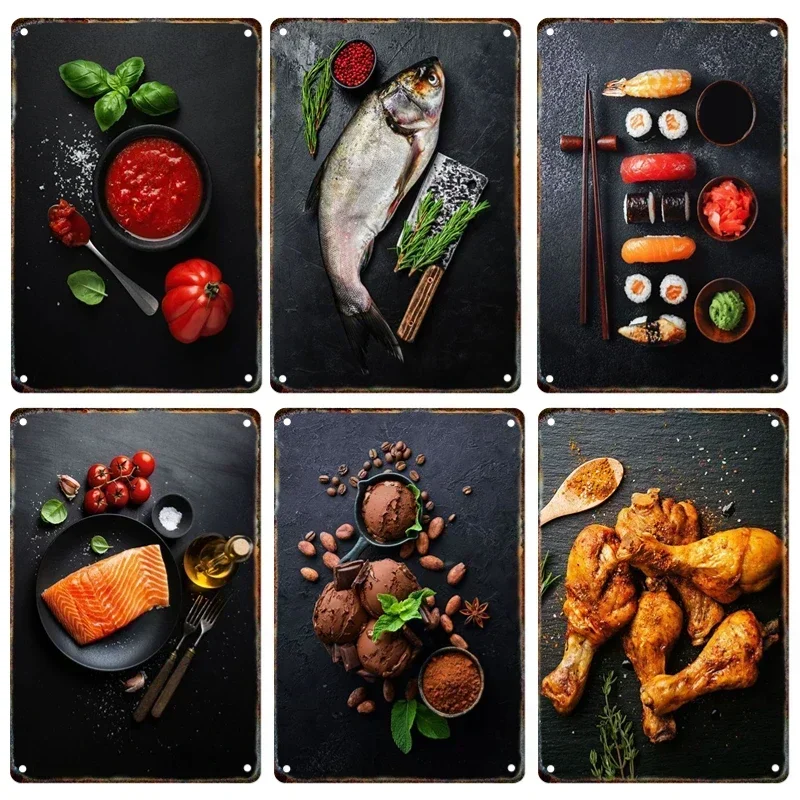 1PC frameless decorative art print,Steak Fruit Sushi Vegetable Spices Pizza Tin Painting Metal Signage Food Posters Kitchen Rest