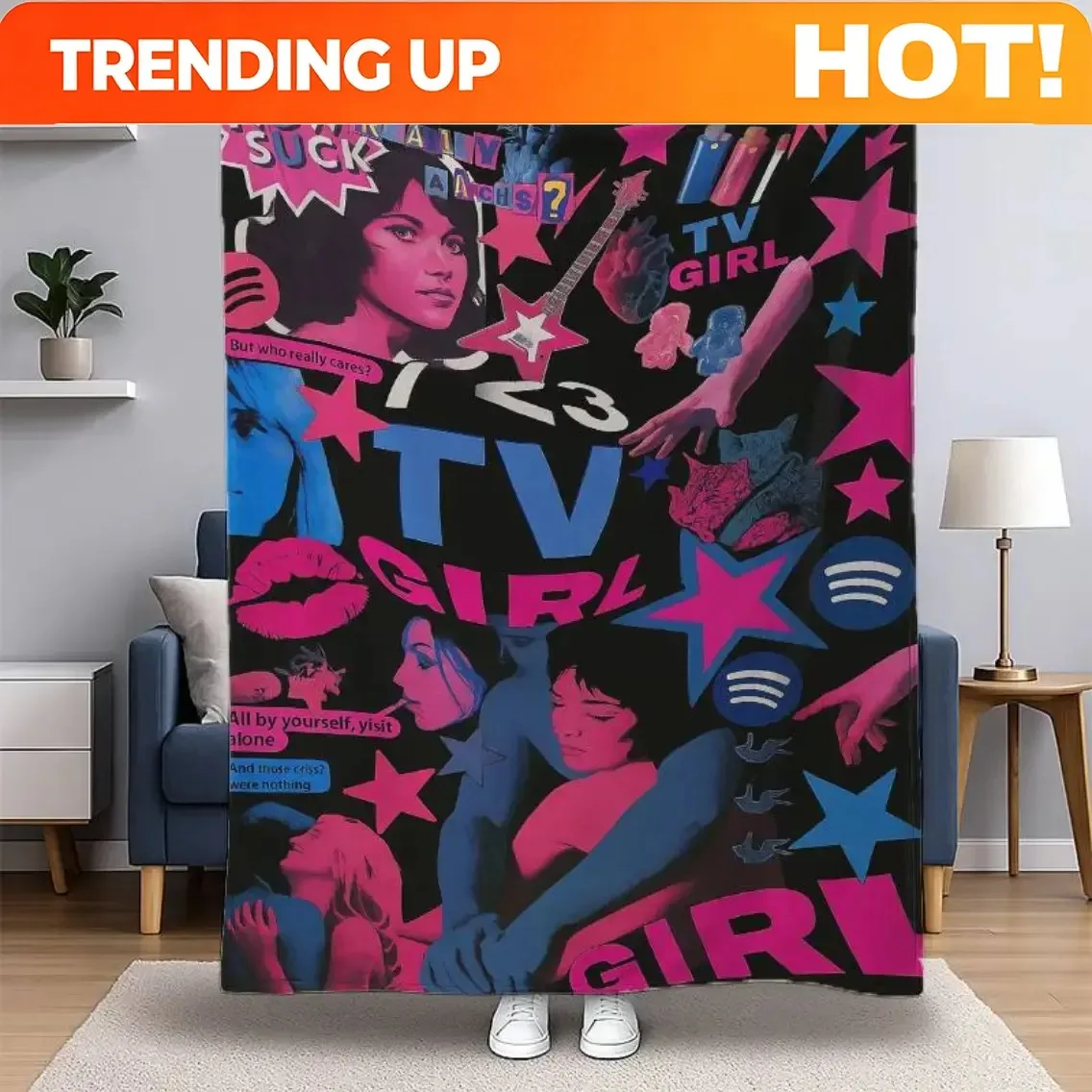 Customize 1pc TV Girl Vintage Pop Art Blanket - Trendy Band Design with Lyrics and Song Titles, Soft Flannel All-Season Sofa Bed