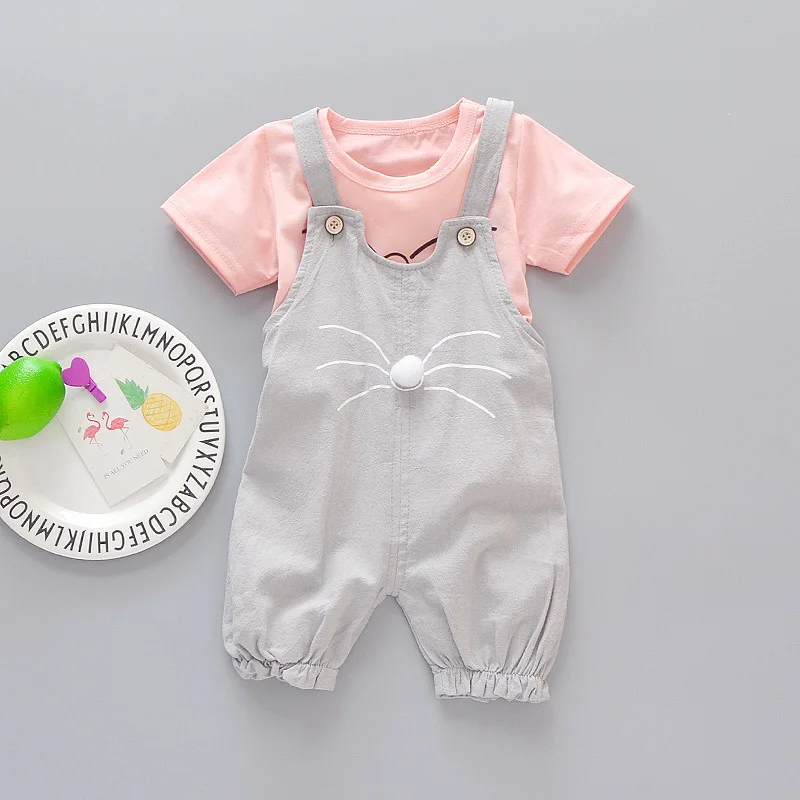 New Summer Baby Girl Clothes Suit Children Casual Short Sleeved T-Shirt Overalls 2Pcs/Set Toddler Costume Infant Kids Tracksuits